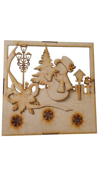 REF: 300113066 LASER CUADRO 30*30 MUÑECO NIEVE CERCA FAROLES COPOS